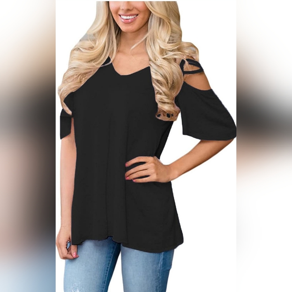 HOTAPEI Women's Criss Cross Cold Shoulder V Neck Blouse in Black
